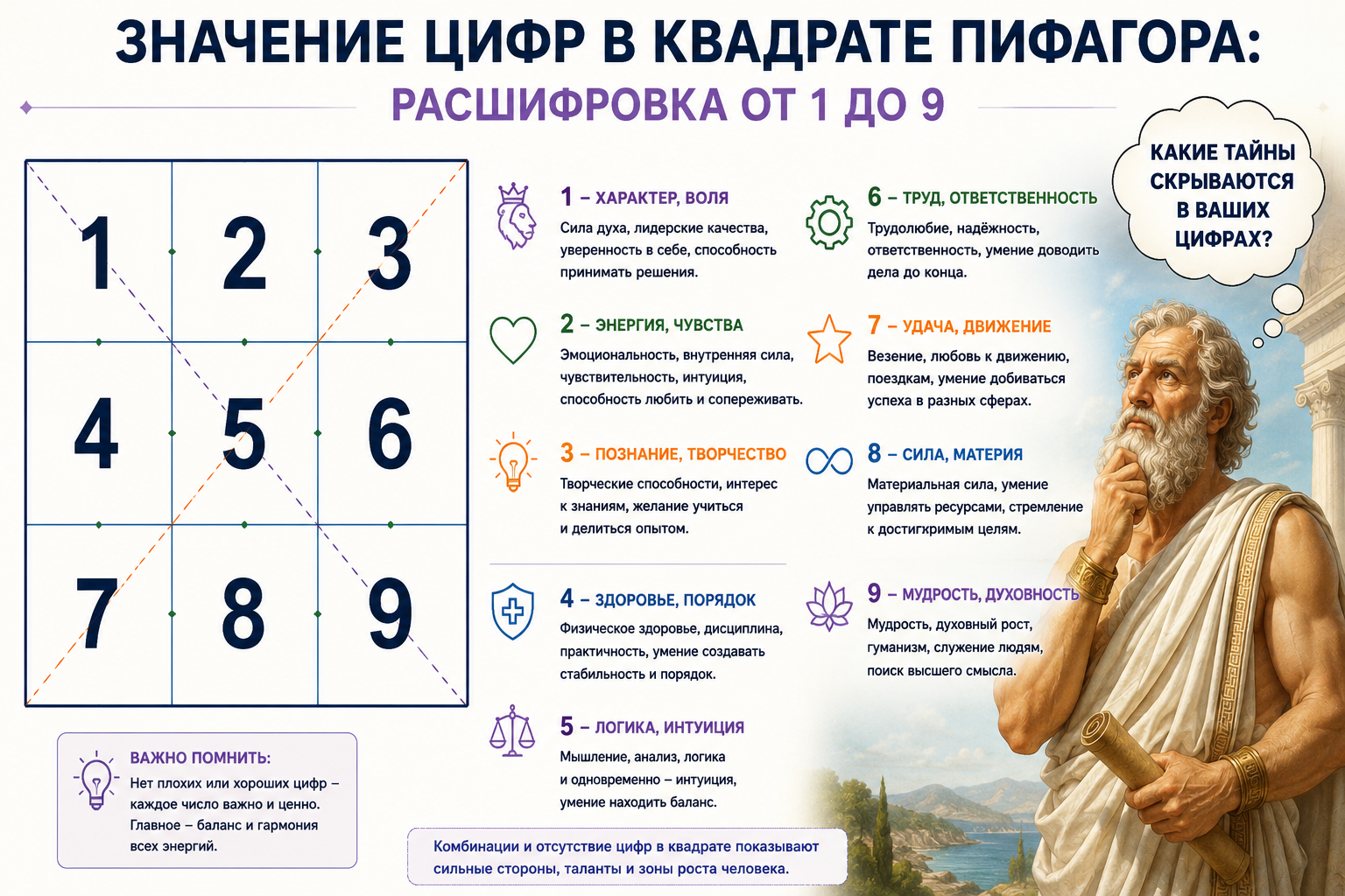 Значение цифр в квадрате Пифагора: расшифровка от 1 до 9